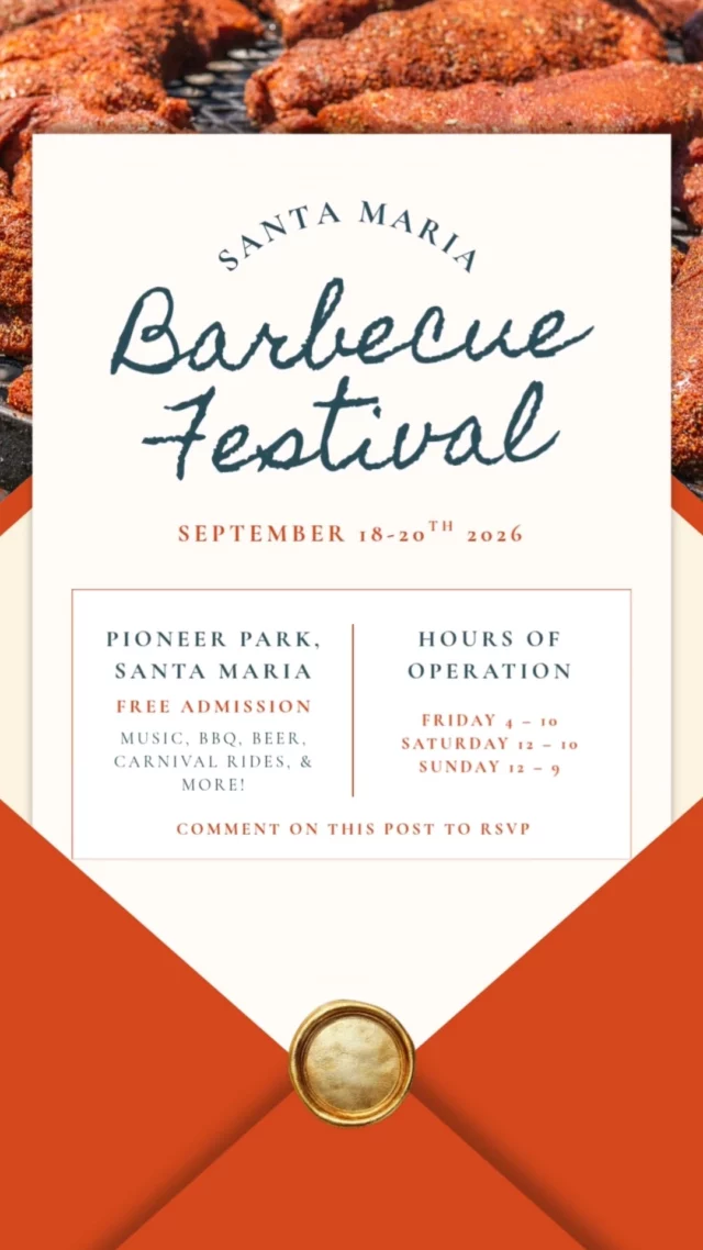 You are cordially invited to the best weekend of the summer. 💌🥩The Santa Maria Barbecue Festival is back and bigger than ever. Three days of the best Santa Maria Style barbecue, live music, ice-cold beer, and good times at Pioneer Park.📅 September 18-20, 2026
📍 Pioneer Park, Santa Maria
🎟️ Free admissionLink in bio for all the details.