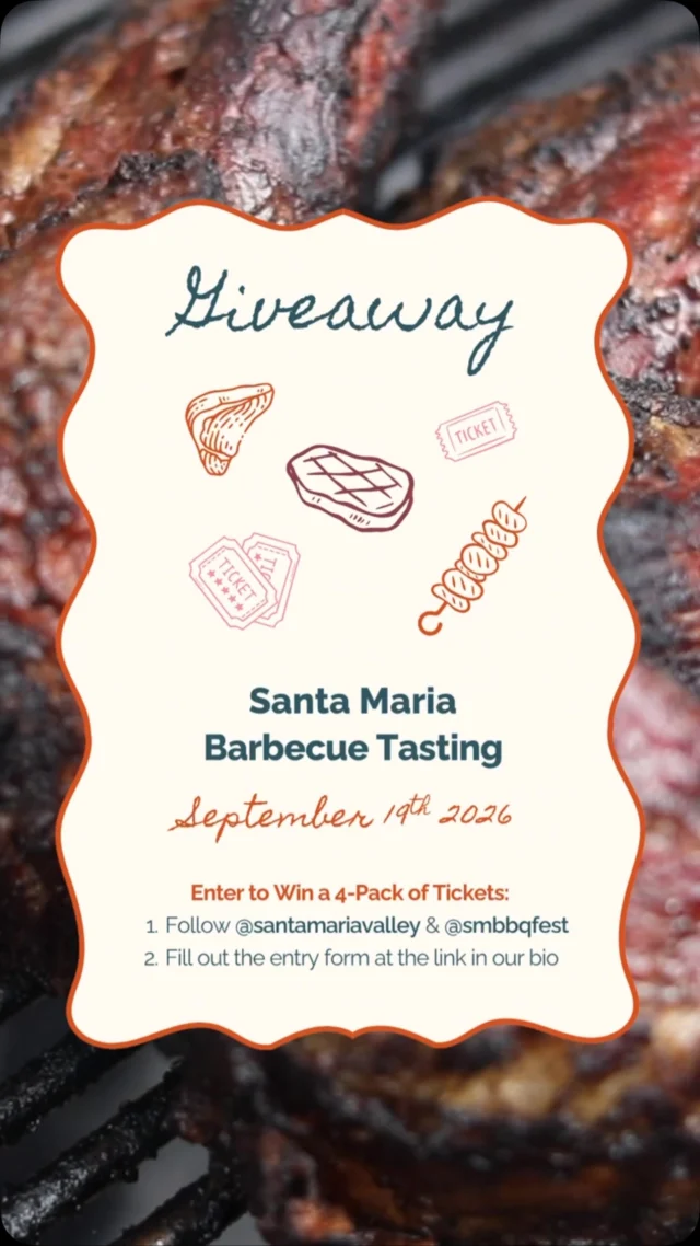 🔥 BBQ FESTIVAL GIVEAWAY 🔥We&rsquo;re giving away 4-packs of tickets to the Santa Maria BBQ Tasting at the Santa Maria Barbecue and Music Festival! 🍖🎶Four lucky winners will each receive four tickets to enjoy the BBQ Tasting on Saturday, September 19, from 12&ndash;4 p.m. at Pioneer Park.How to enter:
1️⃣ Follow @santamariavalley and @smbbqfest
2️⃣ Fill out the entry form at the link in our bio📅 Giveaway ends Tuesday, September 8 at 11:59 p.m.
🎟️ Four winners will be randomly selected and notified after the entry period ends.Good BBQ, good music, good company. We&rsquo;ll see you at the festival! 🤠Limit one entry per user. No purchase necessary.